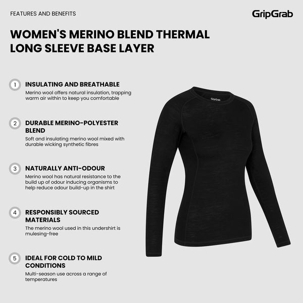GripGrab Women's Merino Blend Thermal Long Sleeve Base Layer